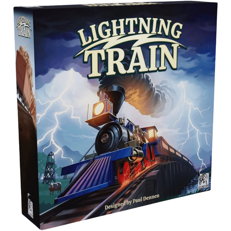 Board game box for 'Lightning Train' with a train and lightning design on the cover.