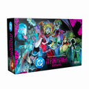 DC Deck-Building Game: Arkham Asylum box featuring colorful comic book artwork of villains including Harley Quinn prominently in the center wielding a hammer. The dark, vibrant illustration showcases various Batman villains like The Joker, Two-Face, and others against a gothic Arkham Asylum backdrop with purple and teal lighting effects.