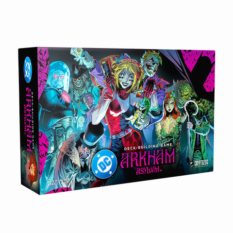 DC Deck-Building Game: Arkham Asylum box featuring colorful comic book artwork of villains including Harley Quinn prominently in the center wielding a hammer. The dark, vibrant illustration showcases various Batman villains like The Joker, Two-Face, and others against a gothic Arkham Asylum backdrop with purple and teal lighting effects.
