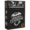 Box art for Dragons of Etchinstone board game featuring a black box with white dragon silhouette artwork. The game title is prominently displayed in a stylized white font against a dark circular background, with decorative dragon imagery along the top edge. Small emblematic icons appear on the left side of the box with an orange publisher logo in the corners."