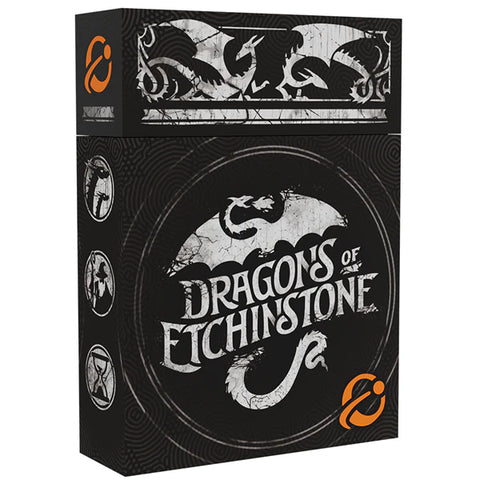 Box art for Dragons of Etchinstone board game featuring a black box with white dragon silhouette artwork. The game title is prominently displayed in a stylized white font against a dark circular background, with decorative dragon imagery along the top edge. Small emblematic icons appear on the left side of the box with an orange publisher logo in the corners."