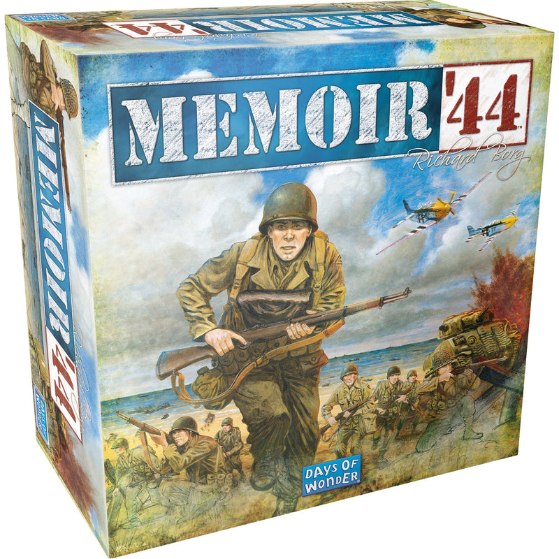 Board game box for 'Memoir '44' with soldiers on a beach and military vehicles.