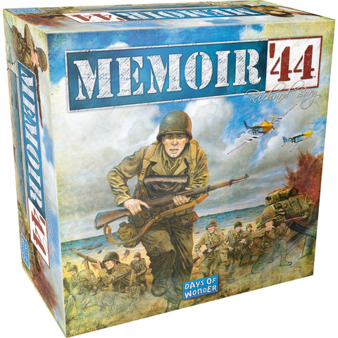 Board game box for 'Memoir '44' with soldiers on a beach and military vehicles.