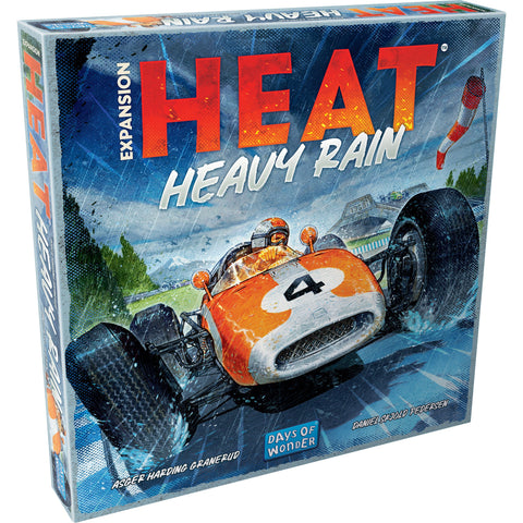 The dramatic artwork shows water splashing from the tires as the vintage Formula-style car navigates through stormy weather, with the game's title prominently displayed in red and white lettering against a blue background.