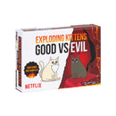 Exploding Kittens Good vs Evil Netflix edition board game box featuring a white angel kitten on the left side and a dark demon kitten on the right side against a red hellish background. The box prominently displays the game title in bold orange and black lettering with a flame burst indicating new cards and gameplay. 