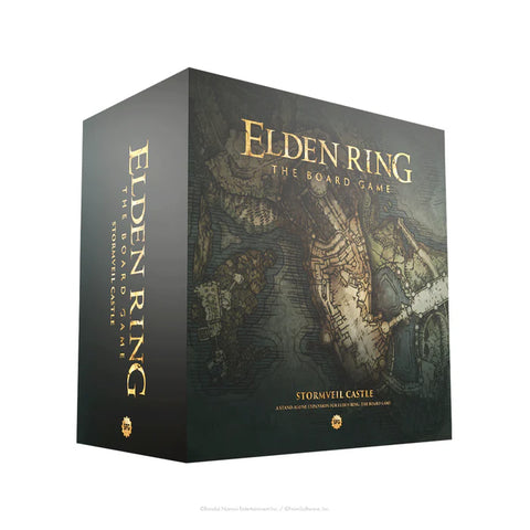 Elden Ring: The Board Game - Stormveil Castle expansion box showing dark fantasy artwork of a crumbling stone castle with intricate architectural details and weathered surfaces. The large game box features prominent golden title text against a moody, atmospheric background that captures the gothic medieval aesthetic of the source material. The packaging displays the distinctive visual style of the Elden Ring universe with its blend of ornate stonework and ominous, decaying grandeur.