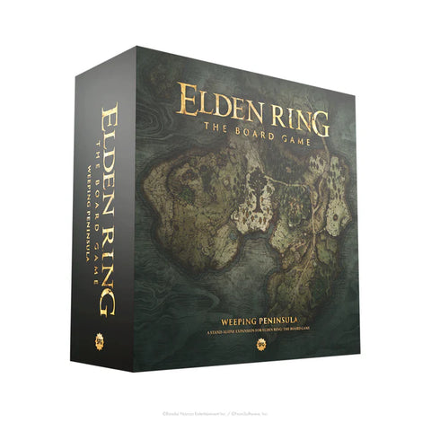 Elden Ring: The Board Game - Weeping Peninsula expansion box displaying dark, atmospheric artwork featuring a detailed fantasy map. The large square game box showcases a moody, medieval-style illustration with muted earth tones and golden text against a weathered, parchment-like background. The cover art depicts the intricate cartography of the Weeping Peninsula region with mountainous terrain, coastlines, and various geographical features rendered in an antique map aesthetic.