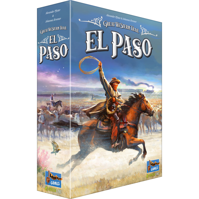 Box cover of Great Western Trail: El Paso featuring a cowboy on horseback swinging a lasso while riding through a dusty plain with cattle herds visible in the background and a distant train.