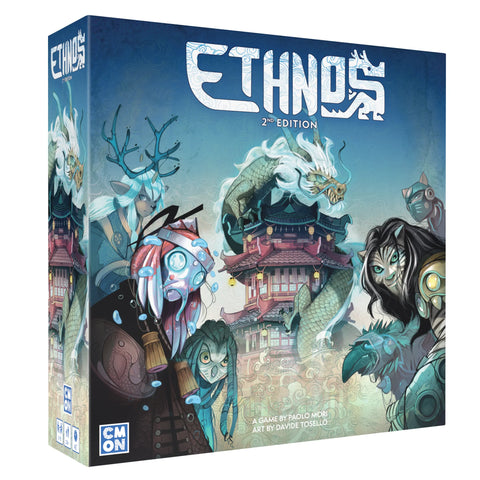 Ethnos 2nd Edition board game box featuring fantasy artwork with mystical characters including a dragon-crowned figure, ethereal beings, and magical creatures set against an Asian-inspired architectural backdrop. The box displays the game title in large white lettering against a blue gradient background with ornate decorative elements.