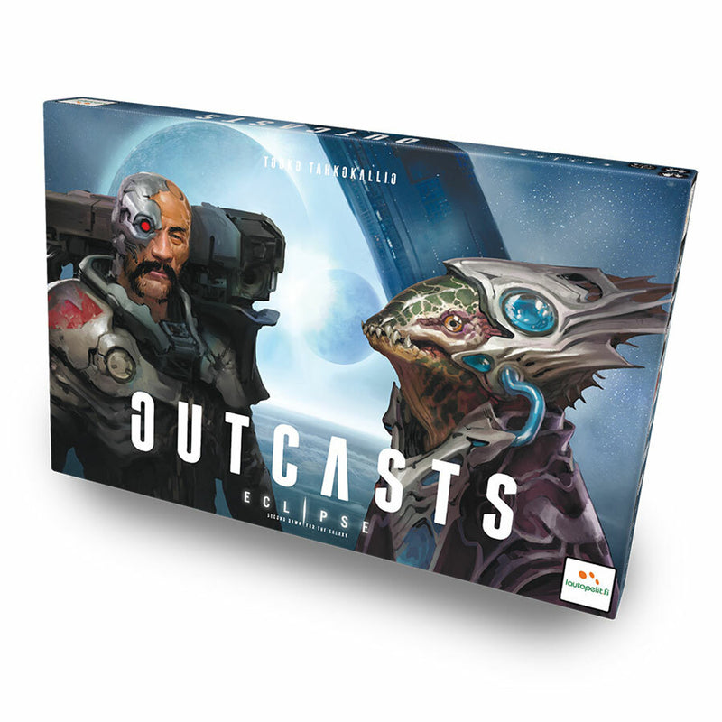Board game box titled 'Outcasts: Eclipse' featuring two characters in front of a planetary landscape