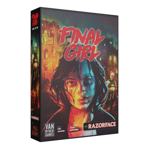Final Girl: Hell to Pay board game box featuring dramatic horror-themed artwork with a young woman's face lit in contrasting red and blue lighting against a dark background.