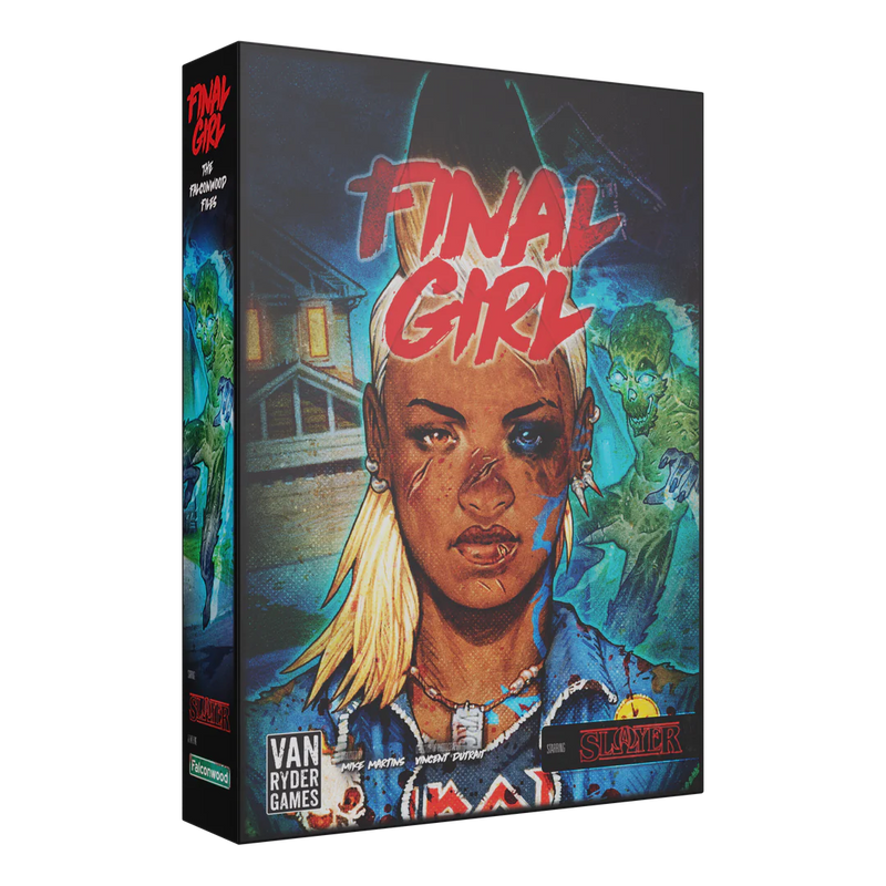Box art for "Final Girl: The Falconwood Files," a horror-themed board game expansion featuring dramatic artwork of a blonde woman with facial wounds against a blue-tinted background with zombie-like creatures and a house.
