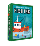 Fishing board game box by Friedemann Friese, featuring a colorful illustrated fishing boat with nets on a blue ocean background. The green game box shows a cartoon-style fishing vessel with a captain character pulling in nets, surrounded by sea creatures like fish, octopus, and seahorse. Published by Rio Grande Games, this nautical-themed card game box art uses bright blues and oranges with playful maritime imagery.