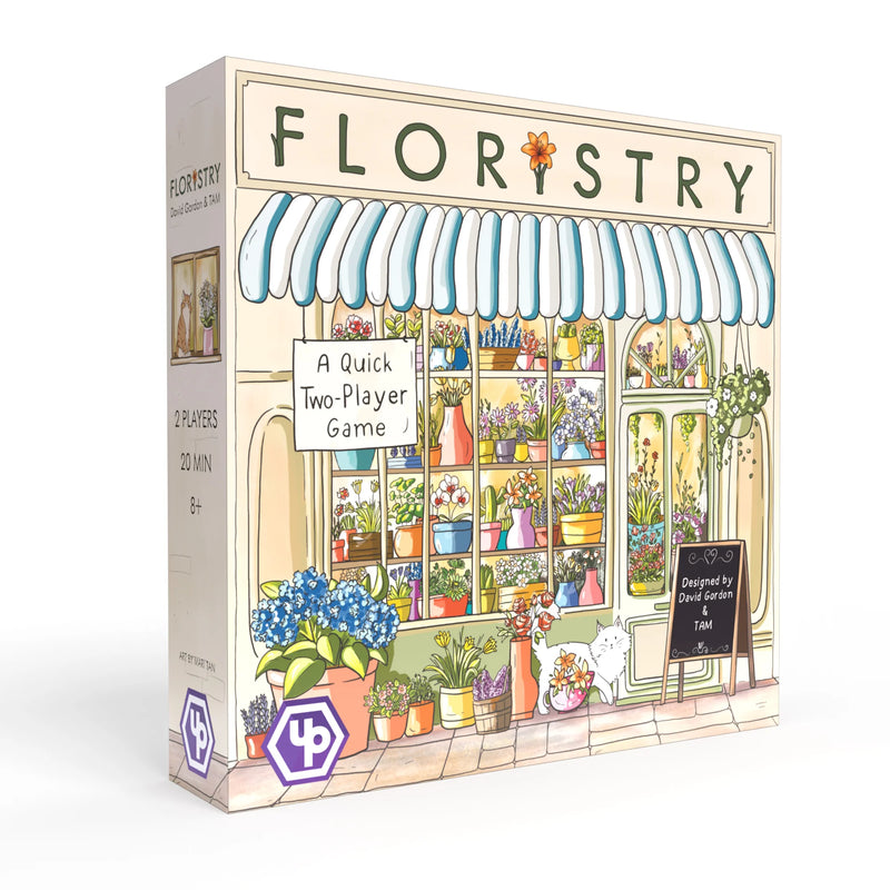 Box art for Floristry featuring a colorful illustration shows a charming flower shop storefront with blue and white striped awning, featuring various potted flowers and plants displayed in the window and outside the shop.