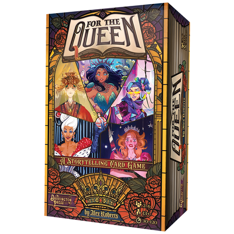 For the Queen storytelling card game box featuring ornate stained glass-style artwork with diverse fantasy queens and characters. The decorative packaging displays multiple illustrated women in regal attire including crowns, elegant clothing, and fantasy elements, framed by roses and ornamental borders. 