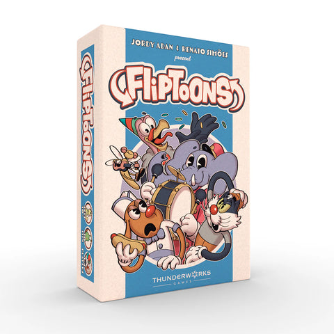 Box of 'Fliptoons' with cartoon characters emerging from the center of the blue and white box. 