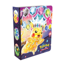 A mini portfolio featuring a crystallized Pikachu design on the cover surrounded by colorful gemstones on a vibrant purple background. The binder-style portfolio has circular Pokémon character icons visible on the spine and the Pokémon Trading Card Game logo at the bottom.