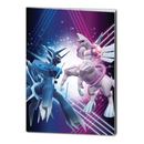 Pokémon Dialga and Palkia notebook cover featuring the legendary Pokémon in a dramatic face-off. The blue Dialga on the left and white Palkia on the right are positioned against a cosmic purple background with energy lines radiating behind them. 