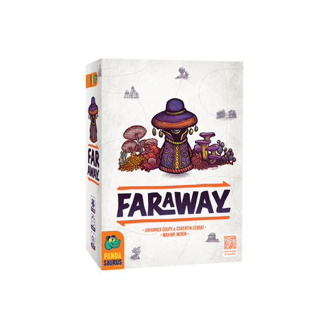 Faraway board game box featuring colorful fantasy artwork with a purple-robed character surrounded by mushrooms and mystical elements on a light background. The game title 'FARAWAY' is prominently displayed in large dark letters with an orange accent stripe.