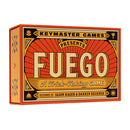 Fuego board game box by Keymaster Games featuring bold orange and red vintage-style design with large decorative lettering. The packaging uses a classic carnival or old-west aesthetic with decorative borders and typography that emphasizes the fire theme of this card game.