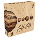 Box cover of Galileo Galilei board game, featuring a vintage-style illustration of Jupiter and four planets (Europa, Ganymede, Callisto, and Io) in orbital paths against a parchment-colored background. The box art has an antique astronomical theme with subtle star decorations and the game's title prominently displayed at the bottom along with designer names.