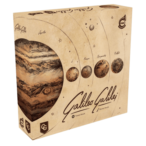 Box cover of Galileo Galilei board game, featuring a vintage-style illustration of Jupiter and four planets (Europa, Ganymede, Callisto, and Io) in orbital paths against a parchment-colored background. The box art has an antique astronomical theme with subtle star decorations and the game's title prominently displayed at the bottom along with designer names.
