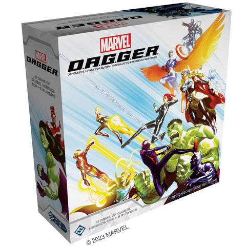 Marvel D.A.G.G.E.R. board game box featuring dynamic comic book-style artwork of superheroes including Spider-Man, Hulk, Thor, and other Marvel characters in action poses against a bright blue and white background. The box displays the red Marvel logo and black D.A.G.G.E.R. title prominently at the top, with "Defense Alliance for Global and Galactic Emergency Response" as the subtitle.