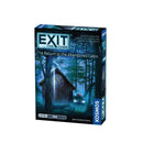 EXIT The Game: The Return to the Abandoned Cabin board game box featuring a dark, atmospheric forest scene with a weathered wooden cabin illuminated by mysterious blue light and a car's headlights in the background. The Kosmos brand logo appears on the right side of the box, while the EXIT game logo is prominently displayed at the top in metallic blue lettering.