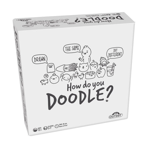 How do you Doodle? board game box featuring cute cartoon doodles including characters saying 'DRAWN,' 'THE SAME,' and 'BUT DIFFERENT' along with simple drawings of food, animals, and objects. The white packaging displays the Outset Media logo.