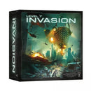 Level 7 Invasion board game box showing a dramatic sci-fi battle scene with massive alien spacecraft attacking a futuristic city. The box features dark atmospheric artwork with explosive lighting effects, helicopters, and destroyed urban landscapes in teal and orange tones. The game's title appears prominently at the top in bold metallic lettering against the apocalyptic invasion scene.