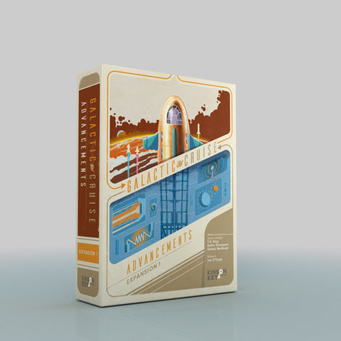 Box art for 'Galactic Cruise: Advancements' expansion pack featuring a stylized retro design. The box shows a brown and blue color scheme with a rocket ship illustration on top and a blueprint-style spaceship interior below.
