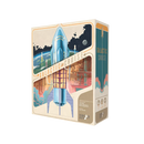Box art for Galactic Cruise board game featuring a retro-styled blue rocket ship launching into space with Earth visible below and stars in the background. The box has a vintage cream-colored design with the game title prominently displayed in orange lettering.