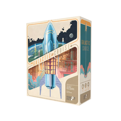 Box art for Galactic Cruise board game featuring a retro-styled blue rocket ship launching into space with Earth visible below and stars in the background. The box has a vintage cream-colored design with the game title prominently displayed in orange lettering.