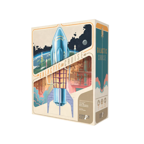 Box art for Galactic Cruise board game featuring a retro-styled blue rocket ship launching into space with Earth visible below and stars in the background. The box has a vintage cream-colored design with the game title prominently displayed in orange lettering.