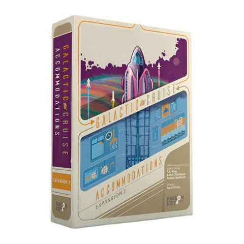 Box art for 'Galactic Cruise: Accommodations' expansion. The rectangular game box features a stylized retro-futuristic design with a purple and blue color scheme, showing a rocket ship against a colorful cosmic background on the top half, and blue technical interface panels on the bottom half.