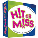 Hit or Miss board game box featuring bold pink lettering on a white circular background with green and blue accents. The packaging displays "3 to 8 players - Ages 10+" and includes the tagline "The Game Where Great Minds Think Alike" prominently on the front. 