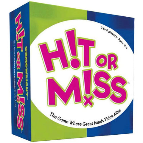 Hit or Miss board game box featuring bold pink lettering on a white circular background with green and blue accents. The packaging displays "3 to 8 players - Ages 10+" and includes the tagline "The Game Where Great Minds Think Alike" prominently on the front. 