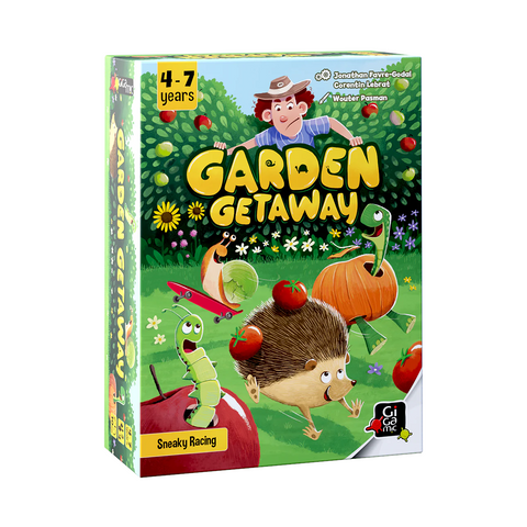 Garden Getaway board game box featuring colorful cartoon illustrations of garden animals including a hedgehog, caterpillar, and snake among vegetables like tomatoes and pumpkins in a lush garden setting.