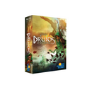 Druids of the Elements board game box featuring dramatic fantasy artwork with a hooded druid character in green robes wielding magic against a mystical forest backdrop. The box art displays swirling elemental effects in golden and green tones with flying leaves and magical energy. 