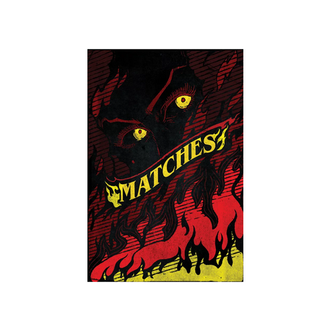 Matches card game box cover featuring a dramatic dark silhouette of a person with glowing yellow eyes against a red and black background with flame-like patterns. The game's title 'MATCHES' appears in bold yellow letters across a banner on the cover. The overall design uses a fiery color scheme of reds, blacks, and yellows to emphasize the game's blaze and heat-building theme.