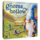 Gnome Hollow board game box featuring a whimsical watercolor illustration of a bearded gnome wizard in a blue pointed hat holding a wooden staff, set against a pastoral valley landscape with rolling green hills and mountains. The artwork shows other colorful gnome characters scattered throughout a garden setting with mushrooms and flowers, all rendered in soft, hand-painted watercolor style. The game's title appears prominently at the top in playful blue lettering against the scenic background.