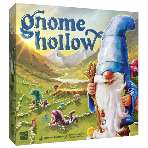 Gnome Hollow board game box featuring a whimsical watercolor illustration of a bearded gnome wizard in a blue pointed hat holding a wooden staff, set against a pastoral valley landscape with rolling green hills and mountains. The artwork shows other colorful gnome characters scattered throughout a garden setting with mushrooms and flowers, all rendered in soft, hand-painted watercolor style. The game's title appears prominently at the top in playful blue lettering against the scenic background.