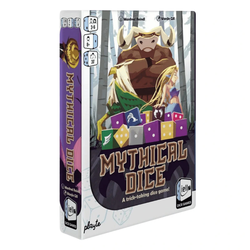 The game box for Mythical Dice shows vibrant artwork of a minotaur character alongside the distinctive dice types included in the game. 