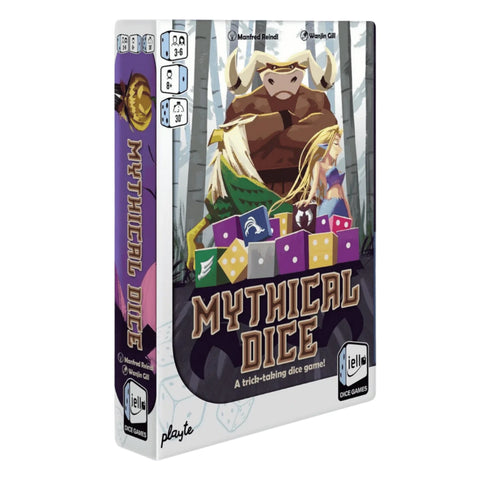 The game box for Mythical Dice shows vibrant artwork of a minotaur character alongside the distinctive dice types included in the game. 