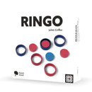 Ringo board game box cover showing colorful wooden rings and discs arranged on a white background. The game components include blue and red rings of varying sizes, along with matching colored discs, displayed to showcase the abstract strategy gameplay.