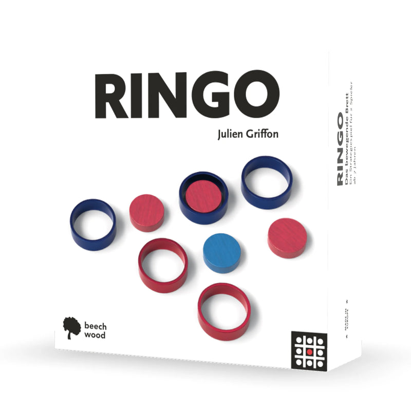 Ringo board game box cover showing colorful wooden rings and discs arranged on a white background. The game components include blue and red rings of varying sizes, along with matching colored discs, displayed to showcase the abstract strategy gameplay.