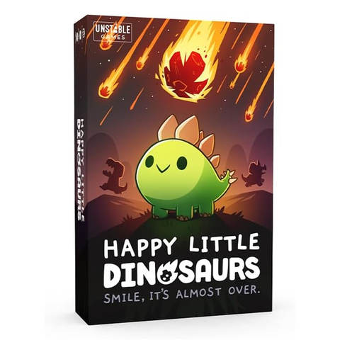 Happy Little Dinosaurs board game box featuring a cute green cartoon dinosaur with orange spikes standing on a hill against a dramatic sky with falling meteors. 