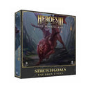 Heroes of Might and Magic III: The Board Game - Stretch Goals Faction Units expansion box featuring dramatic fantasy artwork of a red dragon-like creature with wings spread against a stormy mountainous background. The box design uses a dark color palette with ornate golden borders and decorative fantasy-style typography.