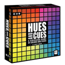 Hues and Cues board game box featuring a colorful grid pattern that transitions from warm oranges and reds on the left to cool blues and greens on the right. The box displays the game title in large white letters against the vibrant color spectrum background.
