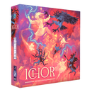 Box art for Ichor featuring vibrant red and purple artwork depicting a mythological battle between gods and monsters. The colorful illustrated cover shows stylized figures with blue lightning bolts, celestial elements, and supernatural creatures.